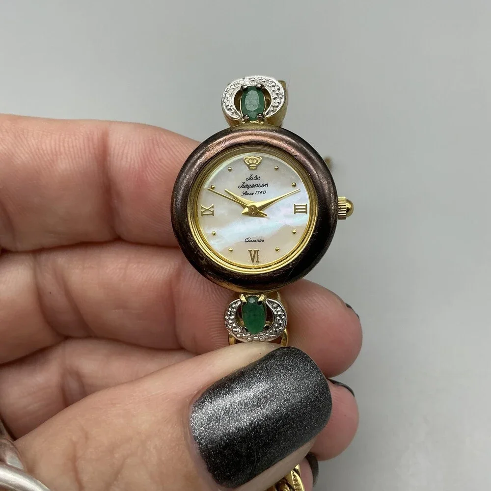 Jules Jurgensen Womens Watch 22mm MOP Green Stone Diamond 7707E New Battery 6.5